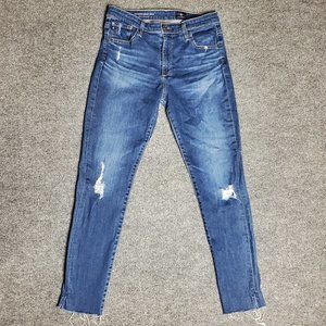AG The Farrah Skinny Ankle 29R (Meas 28x28 10" Mid Rise) Raw Hem Dark Jeans A8